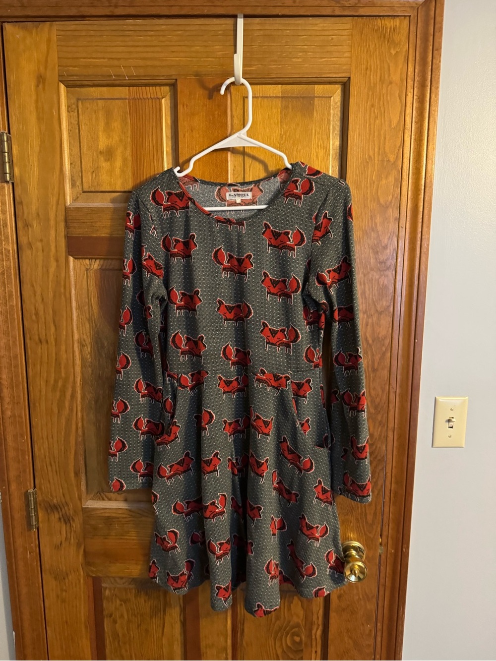 Fox Print Long-Sleeve Dress- Gray with Red Foxes
